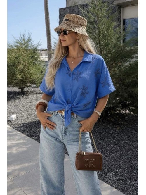 Blouse unie brodée manches courtes