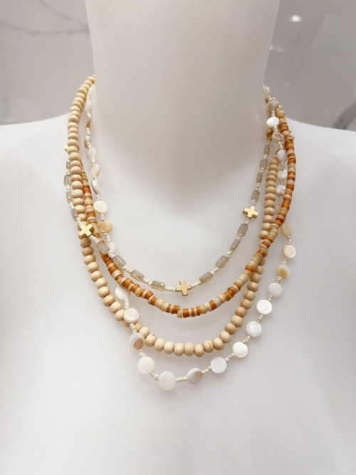 Collier fantaisie 4 rangs de perles et petites croix