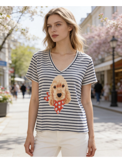 T-shirt marinière col V "cocker avec bandana"