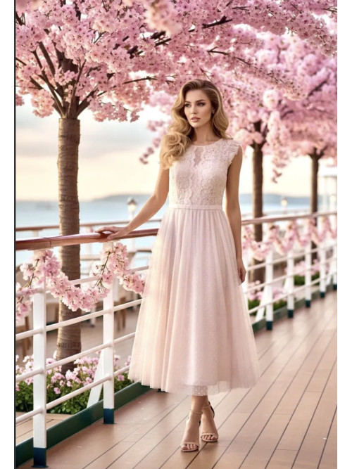 Robe midi tulle à pois et buste en guipure