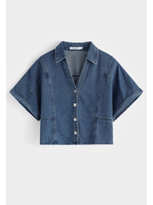 Chemise cropped en jean manches courtes à revers