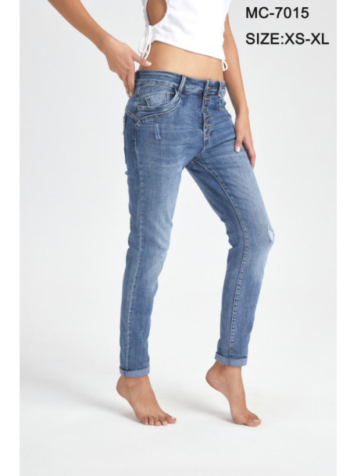 Jean's stretch boutonné et fantaisie de surpiqure poches avec légère usure Melly & Co Jean's stretch boutonné et fantaisie de surpiqure poches avec légère usure Melly & Co
